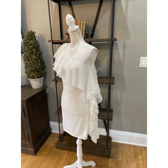 Mac Duggal Ruffle One Shoulder Sequin Mini Cocktail Dress White Womens 4 - Picture 6 of 11